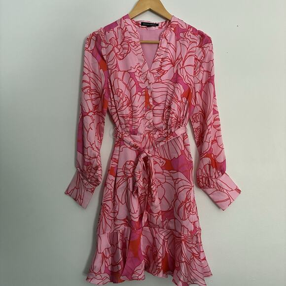 Boston Proper Pink Floral Print Button Up Ruffle Flounce Dress Sundress Sz 2 - Picture 3 of 12